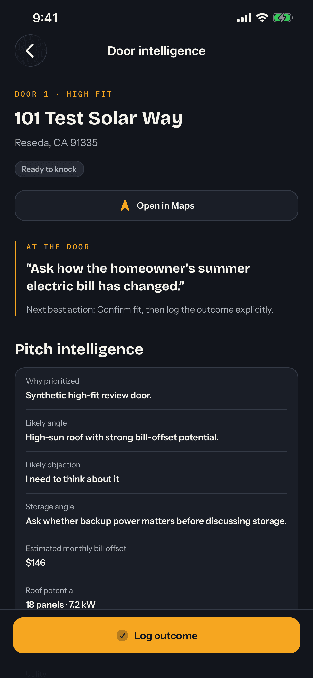 KnockGenius app door intelligence screen: opener card with objection handling