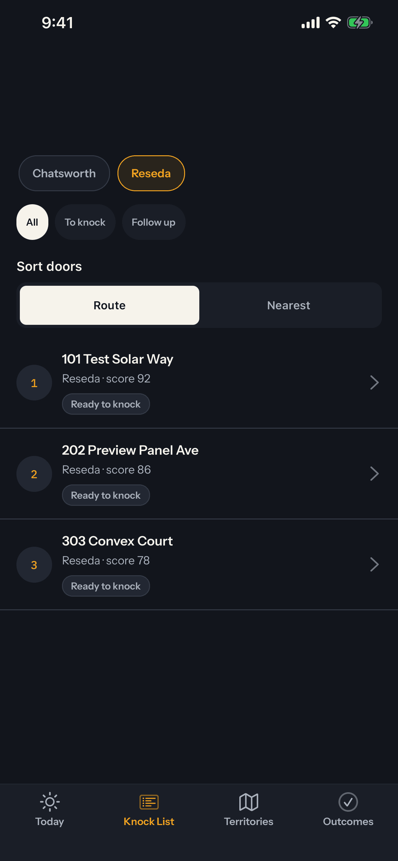 KnockGenius field app showing a Knock Score-ranked knock-list