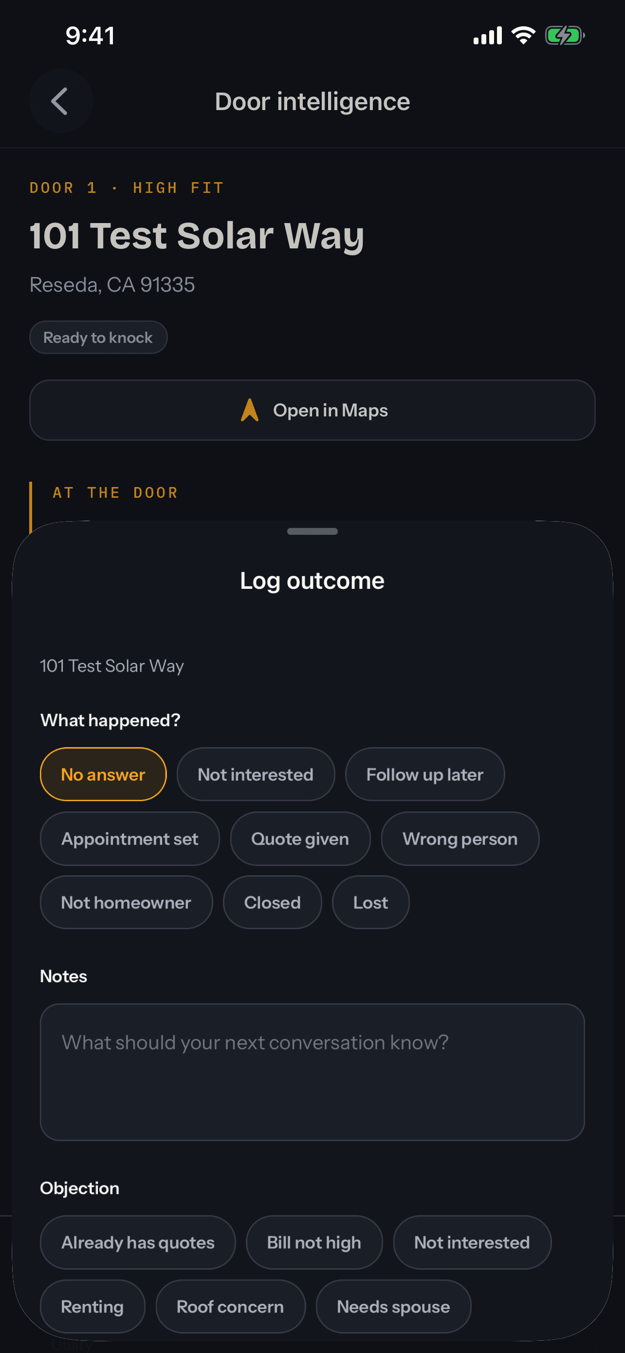 KnockGenius app outcome logging screen: two-tap outcome entry with offline sync