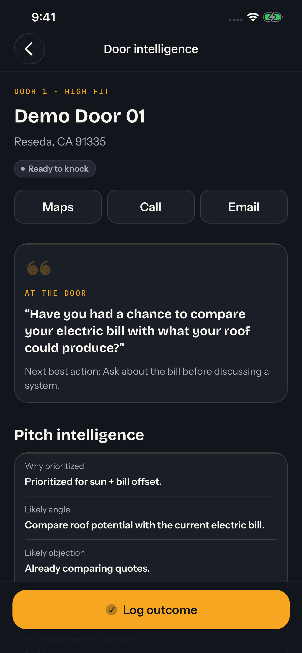 KnockGenius app door intelligence screen: opener card with objection handling
