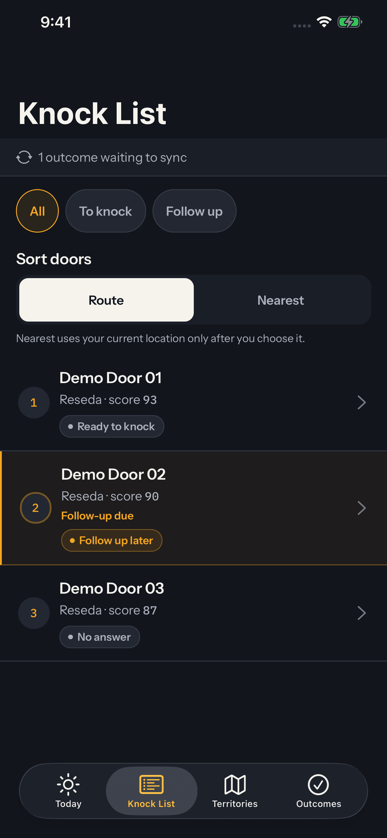 KnockGenius field app: a ranked knock list with Knock Scores for each door