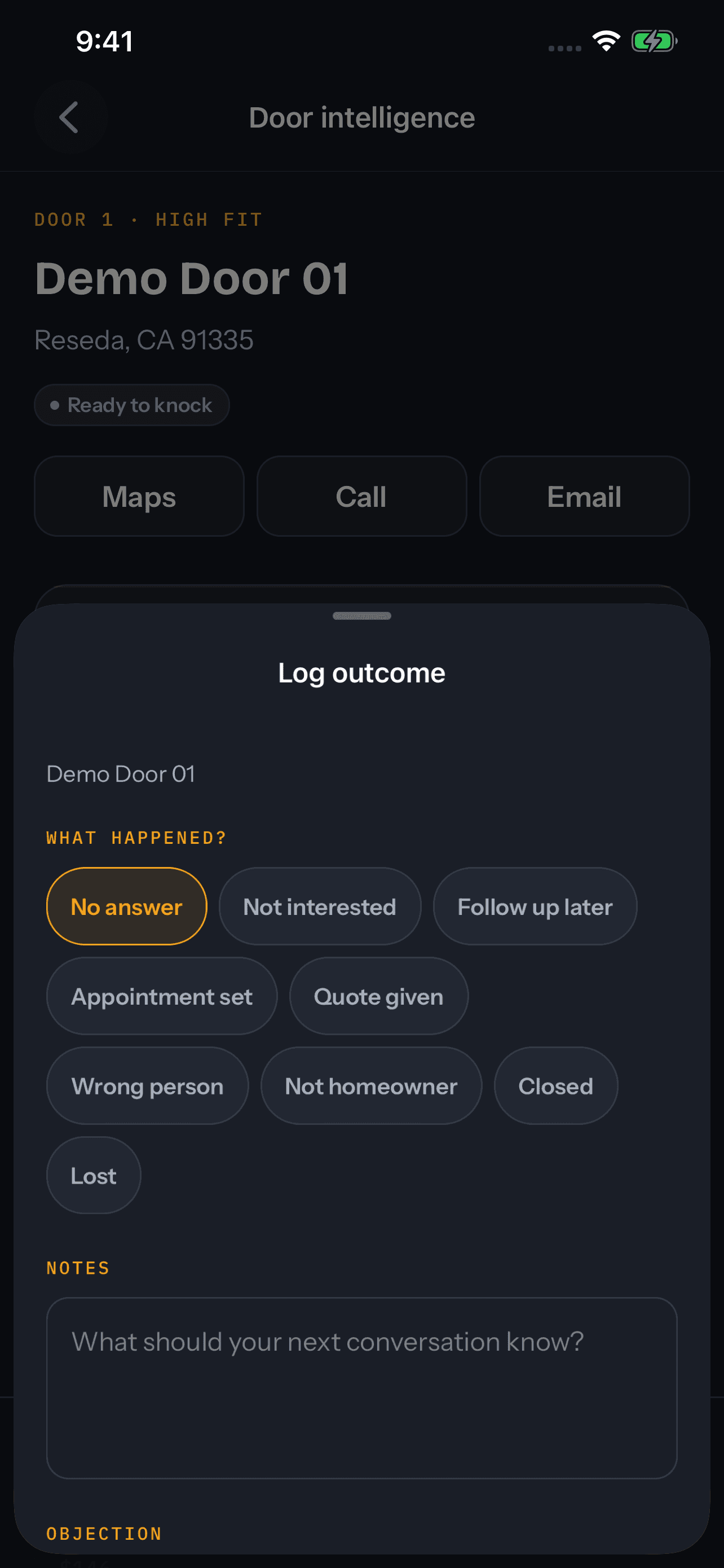 KnockGenius app outcome logging screen: two-tap outcome entry with offline sync